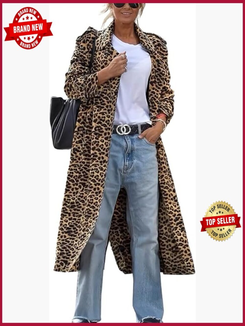 Notch Lapel Leopard Print Duster Trench Coat Open Front Loose Faux Suede Mid